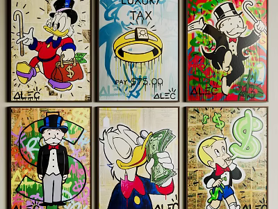 Colorful Animal Paintings With Cartoon Characters Top Hats Canes And Dollar Signs In Graffiti Style 3d model