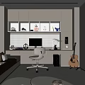 Modern Study Room Interior With White Desk Chair Gray Sofa Guitar And Cabinets Decor