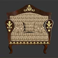 Traditional Armchair With Dark Wooden Frame Ornate Fabric And Golden Carved Accents On Armrests