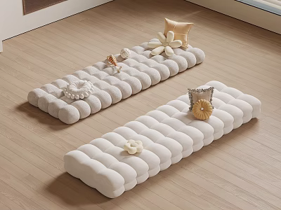 White Long Cushions With Decorative Shells Flower Ornaments And Small Pillows On Wooden Floor 3d model