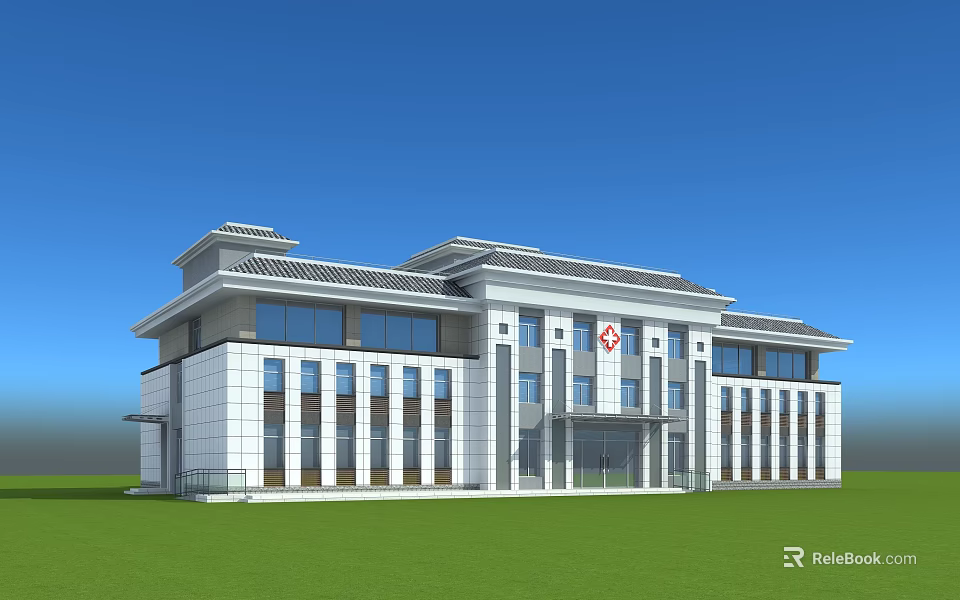 Modern Hospital Building With Traditional Eaves White Gray Exterior Red Cross Sign And Green Lawn 3d model 