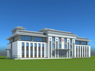 Modern Hospital Building With Traditional Eaves White Gray Exterior Red Cross Sign And Green Lawn 3d model