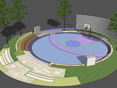 Circular Basketball Court with Blue Purple Surface Surrounded by Trees Stepped Seating and Green Lawn 3d model