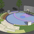Circular Basketball Court with Blue Purple Surface Surrounded by Trees Stepped Seating and Green Lawn