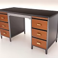Modern Office Desk Featuring Black Tabletop Metal Frame and Wooden Drawers with Golden Handles