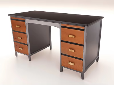Modern Office Desk Featuring Black Tabletop Metal Frame and Wooden Drawers with Golden Handles 3d model