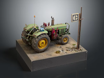 Vintage Green Tractor Model with No Parking Sign on Display Platform and Small Stones 3d model