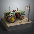 Vintage Green Tractor Model with No Parking Sign on Display Platform and Small Stones