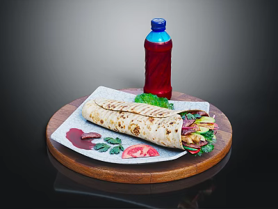 Delicious Fresh Wrap With Vegetables Tomato And Mint Leaves On Wooden Tray With Red Beverage 3d model
