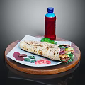 Delicious Fresh Wrap With Vegetables Tomato And Mint Leaves On Wooden Tray With Red Beverage