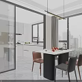 Modern Living and Dining Room With Beige Sofa Round Coffee Table Rug and Floor-to-Ceiling Windows