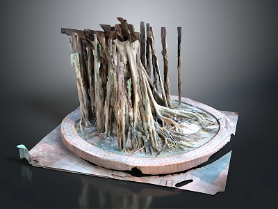 Root Inspired Wood Sculpture With Circular Stone Base And Natural Texture 3d model