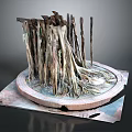 Root Inspired Wood Sculpture With Circular Stone Base And Natural Texture