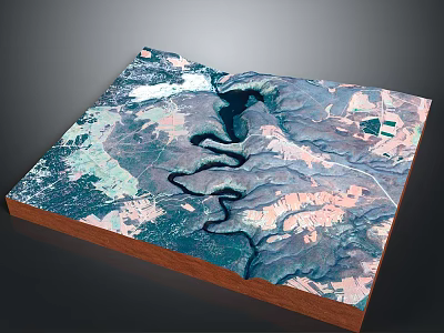 Detailed 3D Topographic Model With River Mountains Satellite Imagery And Wooden Base 3d model