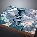 Detailed 3D Topographic Model With River Mountains Satellite Imagery And Wooden Base