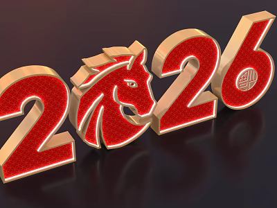 2026 Themed Art Installation With Red Gold Horse Head And Circular Ornament 3d model