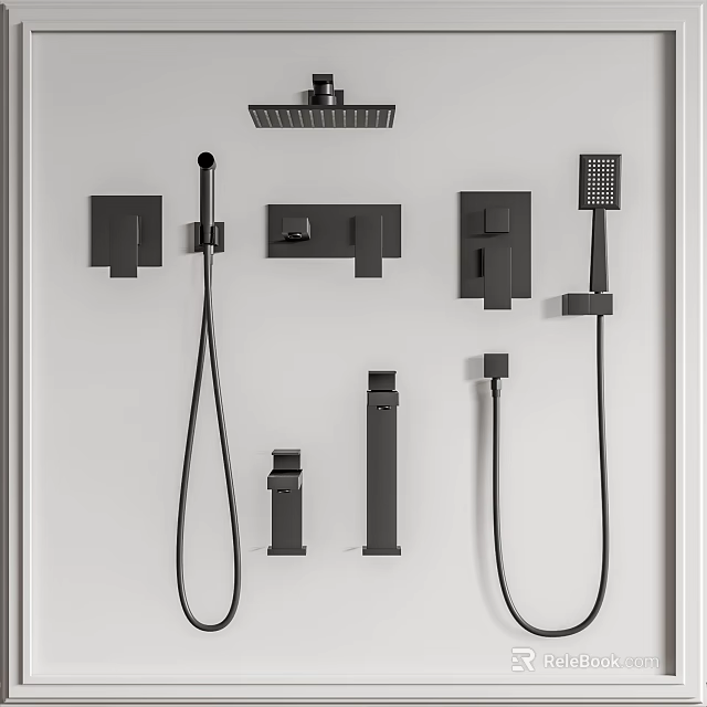 Black Stylish Shower Fixtures Set With Rainfall Head Handheld Shower And Control Valves 3d model 