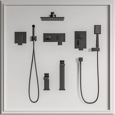 Black Stylish Shower Fixtures Set With Rainfall Head Handheld Shower And Control Valves 3d model