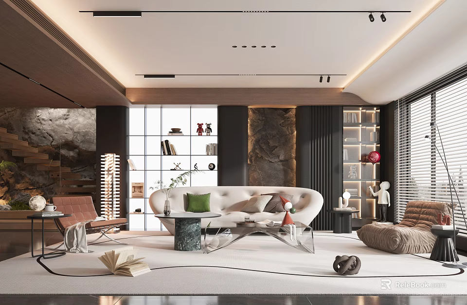 Elegant Modern Living Room Interior With Curved Sofa Armchairs And Decorative Bookshelf 3d model 