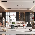 Elegant Modern Living Room Interior With Curved Sofa Armchairs And Decorative Bookshelf
