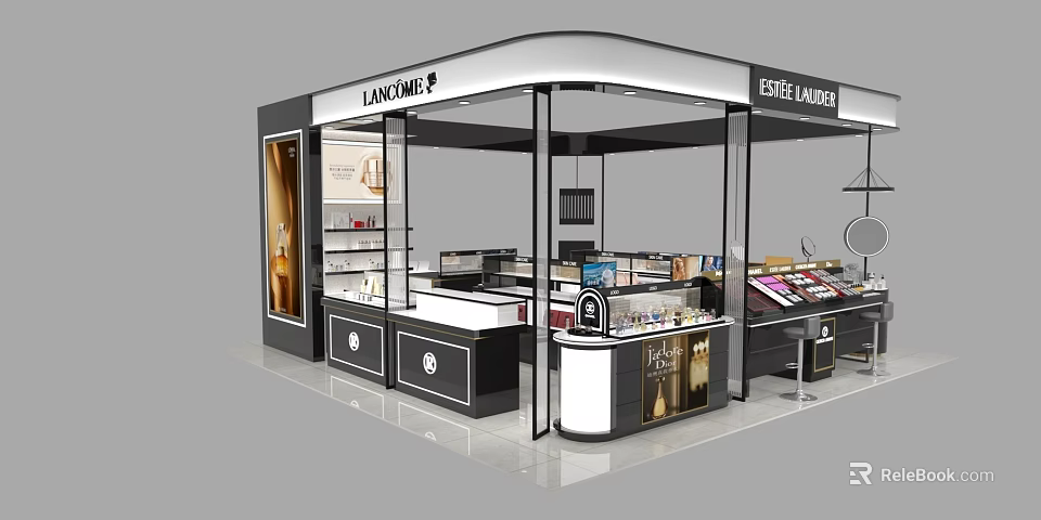 Modern Beauty Cosmetics Store Interior With Glass Display Counters And Product Shelves 3d model 