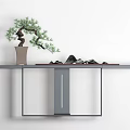 Neo Chinese Linear Console Table Design With Decorative Plants Rockery Ornaments 3d model