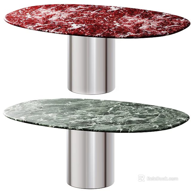 Stylish Restaurant Interior Showcasing Red And Green Marble Tabletops With Metal Pedestal Bases 3d model 