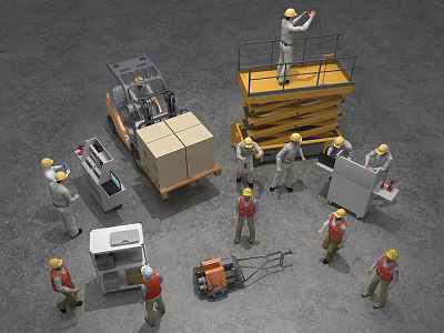Warehouse Workers Operating Forklift And Scissor Lift With Boxes And Logistics Equipment 3d model