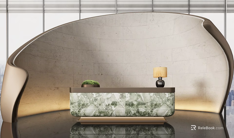Elegant Modern Reception Desk With Green Marble Surface Gold Frame And Table Lamp 3d model