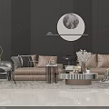 Modern Beige Sofa and Coffee Table Set with Round Moon Art Black Wall Area Rug