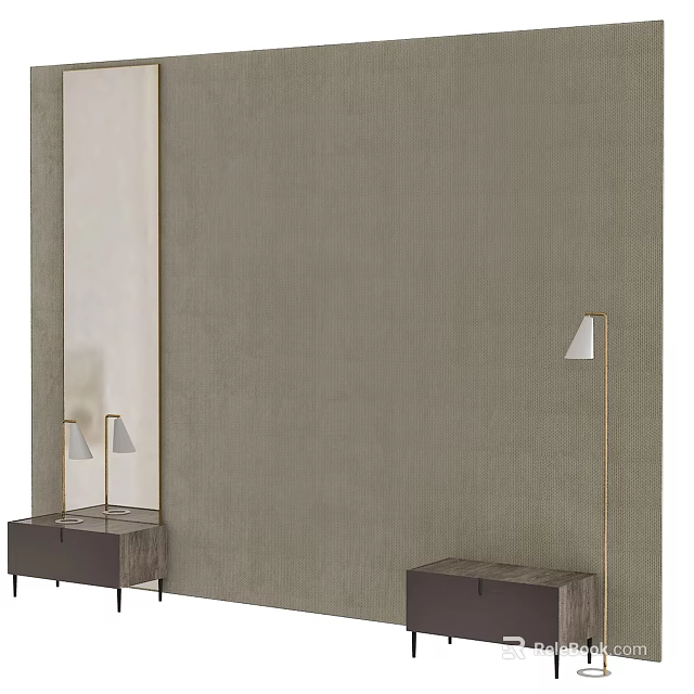 Neutral Toned Bed Accent Wall With Side Tables And Floor Lamps 3d model 