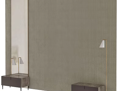 Neutral Toned Bed Accent Wall With Side Tables And Floor Lamps 3d model