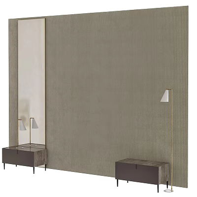 Neutral Toned Bed Accent Wall With Side Tables And Floor Lamps 3d model