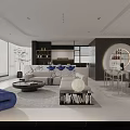 Modern Bright Open Plan Living And Dining Room With Panoramic Sea View And Elegant Furniture