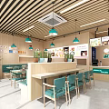 Modern Restaurant Interior Design With Green Banquettes White Tables Pendant Lights And Menu Boards