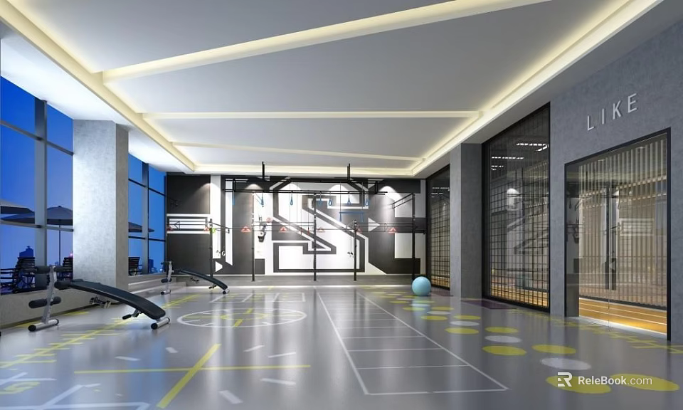 Spacious Modern Fitness Gym With Workout Equipment Yellow Marked Floors And Blue Exercise Ball 3d model 
