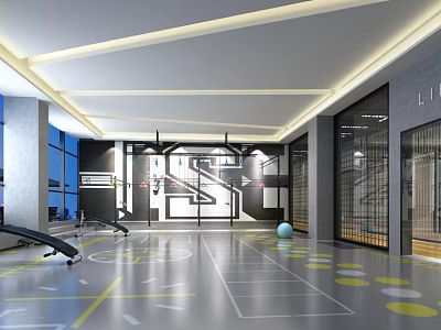 Spacious Modern Fitness Gym With Workout Equipment Yellow Marked Floors And Blue Exercise Ball 3d model
