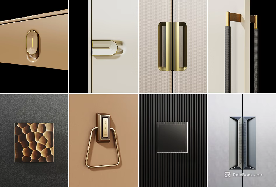 Various Modern Cabinet Handles With Sleek Metallic And Geometric Designs For Furniture 3d model 