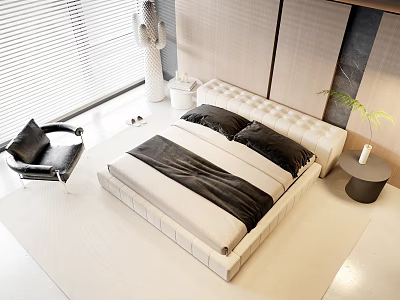 Modern Tufted White Double Bed With Black Bedding And Black Chair Near Window 3d model