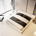 Modern Tufted White Double Bed With Black Bedding And Black Chair Near Window