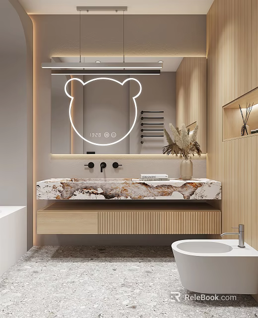 Modern Bathroom Interior Design With Bear Ear Shaped Mirror Marble Countertop And Wooden Cabinets 3d model 