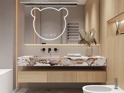 Modern Bathroom Interior Design With Bear Ear Shaped Mirror Marble Countertop And Wooden Cabinets 3d model