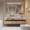 Modern Bathroom Interior Design With Bear Ear Shaped Mirror Marble Countertop And Wooden Cabinets