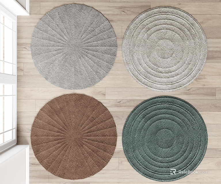 Elegant Round Rugs Featuring Radiating Patterns and Concentric Circles in Gray Brown Green Tones 3d model 