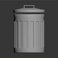 Silver Metal Trash Can With Lid And Vertical Stripes On Dark Reflective Surface