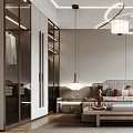 Elegant Modern Bedroom Interior With Bed Pillows Bench Glass Wardrobe And Pendant Lights