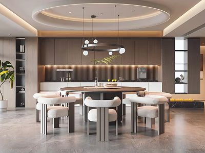 Modern Restaurant Interior With Round Dining Table White Chairs And Circular Pendant Lights 3d model