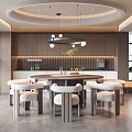 Modern Restaurant Interior With Round Dining Table White Chairs And Circular Pendant Lights