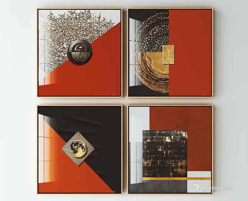 Abstract Wall Art With Red Black Gold Geometric Patterns And Framed Designs 3d model