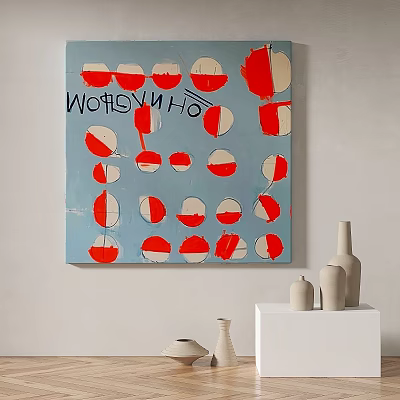Abstract Painting Featuring Blue Background Red White Circles WORLDVINHO Text White Shelf And Vases 3d model